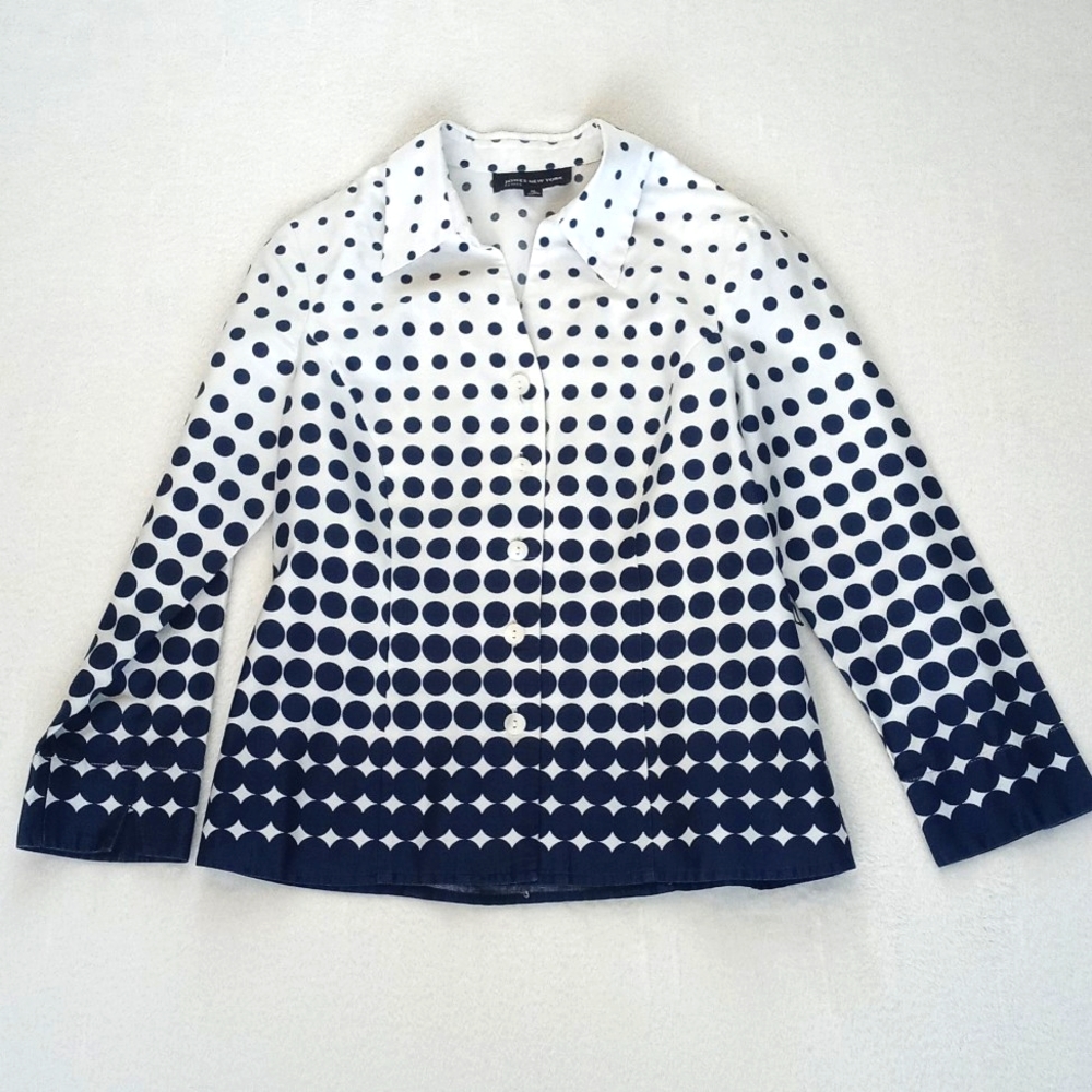 Jones New York White w Navy Blue Polka Dot Mid-Century Modern 3/4 Sleeve Top P/S - Picture 7 of 12